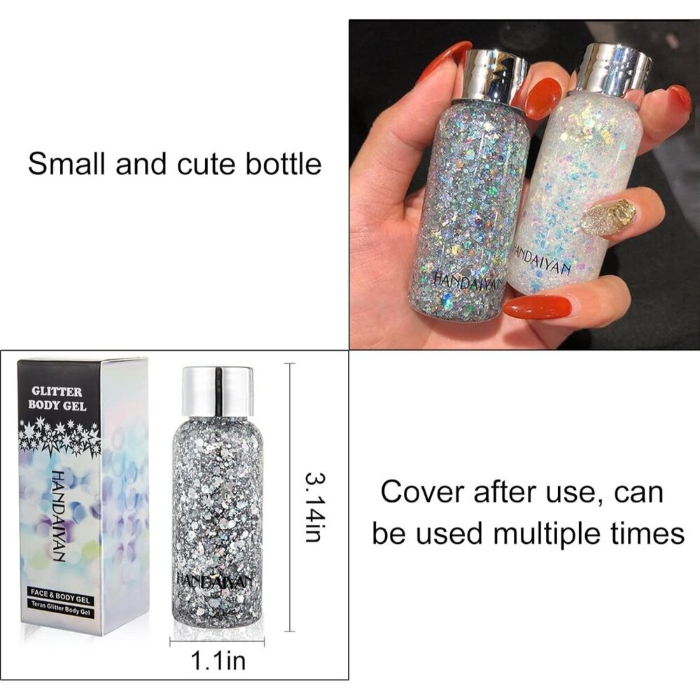 Body Glitter Gel Face and Body Makeup Liquid Long Lasting Silver Mermaid Scales - Picture 6 of 7